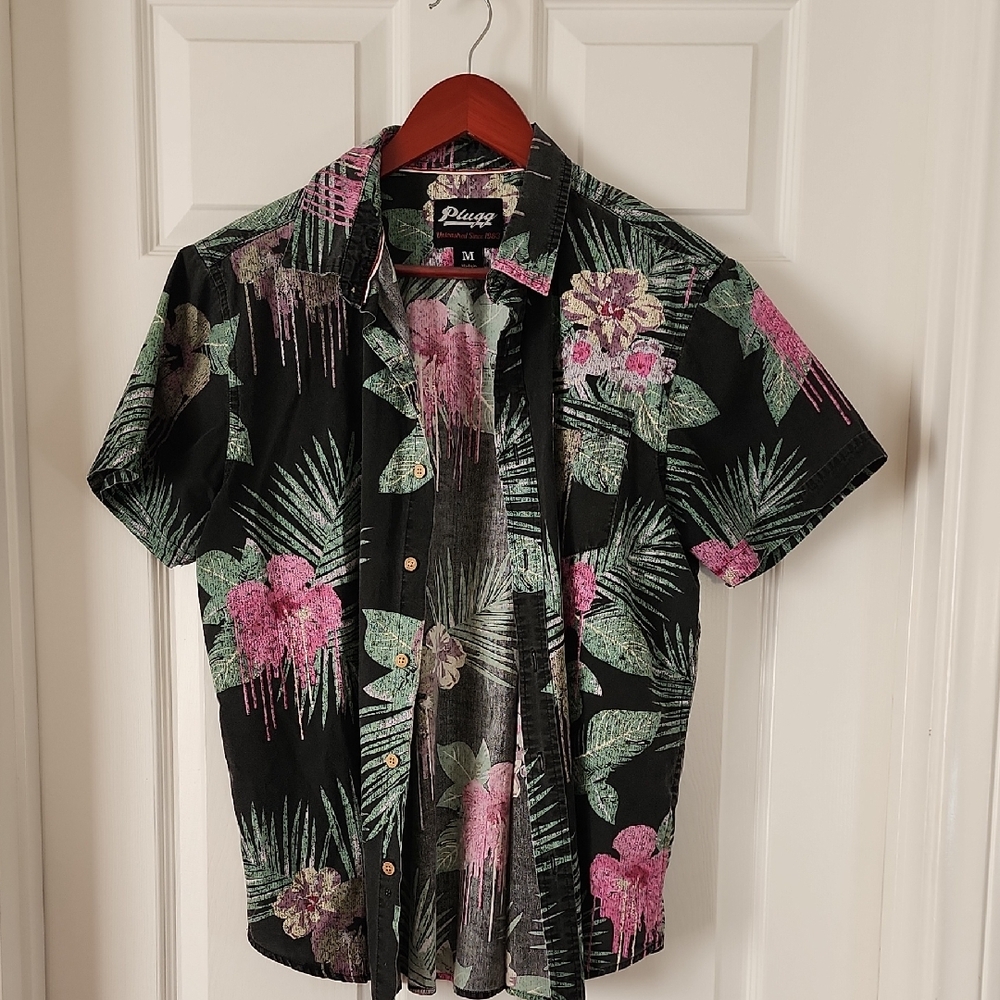 Plugg Men's Black and Pink Floral Casual Shirt- Tropical, Streetwear, Festival